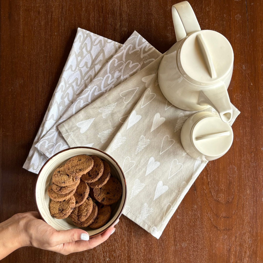 Ivory & Beige Heart Print Kitchen Napkins | Set of 3