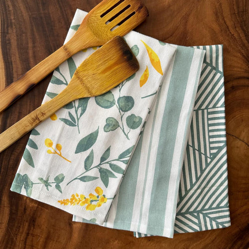 Oak & Lily Kitchen Towels – Sage Green & Yellow Flowers, Stripe & Geometric | Set of 3 | 100% Cotton | European Quality | Super Absorbent & Anti-Bacterial