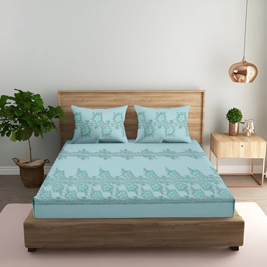 Oak & Lily King Size Flat Bedsheet | Floral Fantasy Blue | 100% Cotton | 210 TC | 2 Pillow Covers