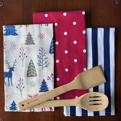 Oak & Lily Kitchen Towels – Blue Pine Wonderland Print | Set of 3 | 100% Cotton | European Quality | Super Absorbent & Anti-Bacterial