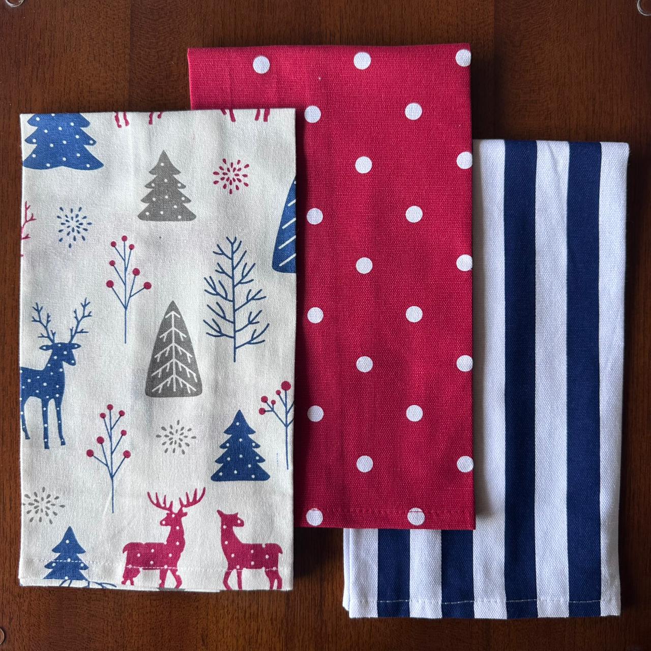 Oak & Lily Kitchen Towels – Blue Pine Wonderland Print | Set of 3 | 100% Cotton | European Quality | Super Absorbent & Anti-Bacterial
