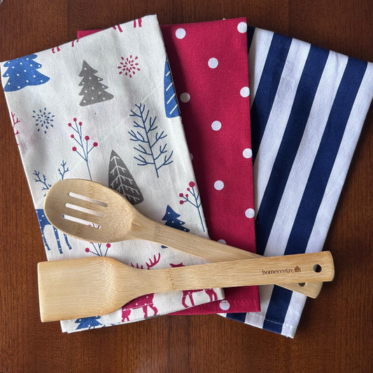 Oak & Lily Kitchen Towels – Blue Pine Wonderland Print | Set of 3 | 100% Cotton | European Quality | Super Absorbent & Anti-Bacterial