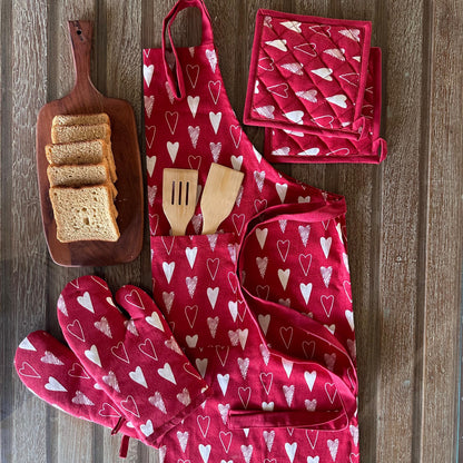 Oak & Lily Kitchen Combo – Red Hearts Apron, Pot Holders and 2pc Set of Mittens | 100% Cotton | Heat Resistant | European Quality