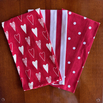 Oak & Lily Kitchen Towels – Red Heart Print, Red Polka Dot & Red Stripe | Set of 3 | 100% Cotton | European Quality | Super Absorbent & Anti-Bacterial
