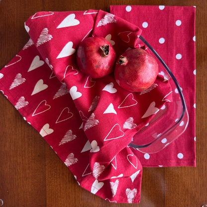 Oak & Lily Kitchen Towels – Red Heart Print, Red Polka Dot & Red Stripe | Set of 3 | 100% Cotton | European Quality | Super Absorbent & Anti-Bacterial