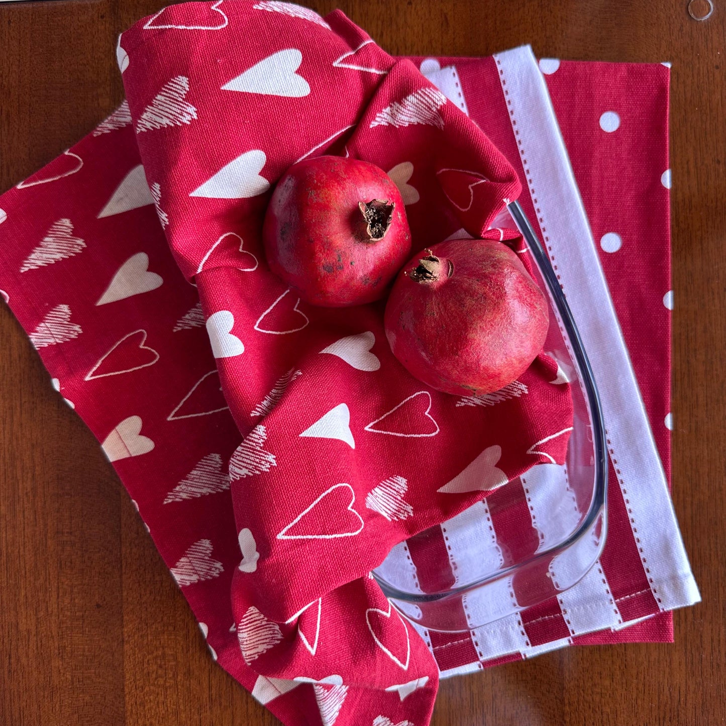 Oak & Lily Kitchen Towels – Red Heart Print, Red Polka Dot & Red Stripe | Set of 3 | 100% Cotton | European Quality | Super Absorbent & Anti-Bacterial