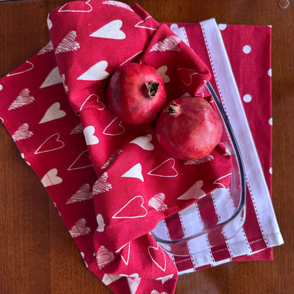 Oak & Lily Kitchen Towels – Red Heart Print, Red Polka Dot & Red Stripe | Set of 3 | 100% Cotton | European Quality | Super Absorbent & Anti-Bacterial