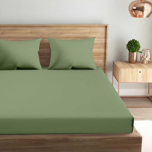 Oak & Lily King Size Elastic Fitted Bedsheet – Solid Olive Green | 300 TC | 100% Cotton | 2 Pillow Covers | Soft, Breathable, European Quality
