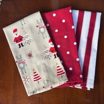 Oak & Lily Kitchen Towels – Frosty Red Polka Prints | Set of 3 | 100% Cotton | European Quality | Super Absorbent & Anti-Bacterial