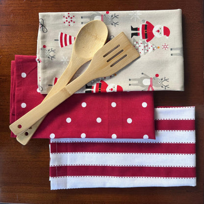 Oak & Lily Kitchen Towels – Frosty Red Polka Prints | Set of 3 | 100% Cotton | European Quality | Super Absorbent & Anti-Bacterial