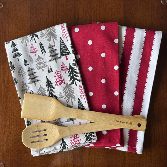 Oak & Lily Kitchen Towels – Red Woodland Christmas Prints | Set of 3 | 100% Cotton | European Quality | Super Absorbent & Anti-Bacterial