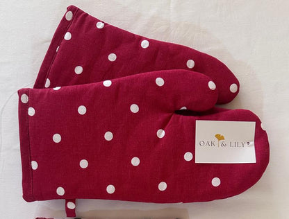 Oak & Lily Oven Mittens – Red & White Polka Dot (Special Edition) | 100% Cotton | Heatproof & Washable | Unisex Size