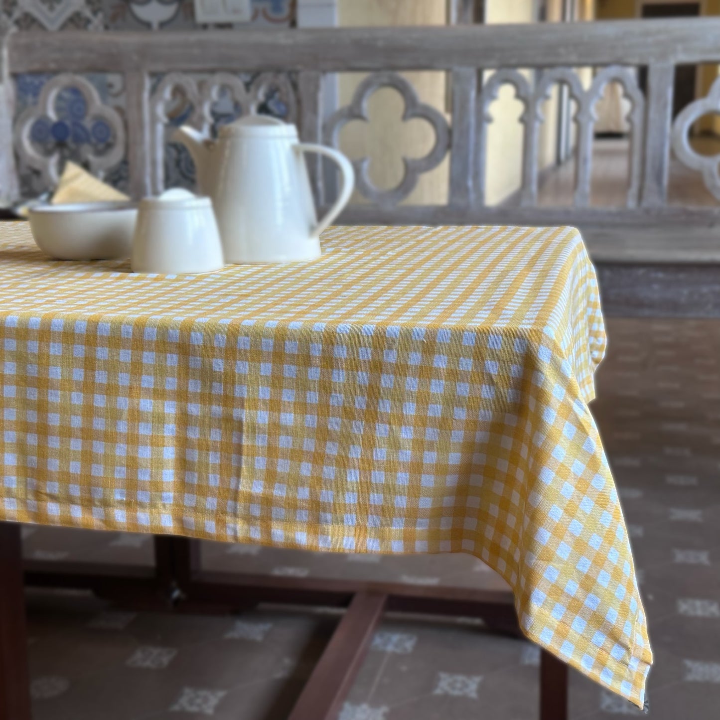 Oak & Lily Table Cloth – Yellow & White Check Print | 100% Cotton | Anti-Slip | Premium European Quality