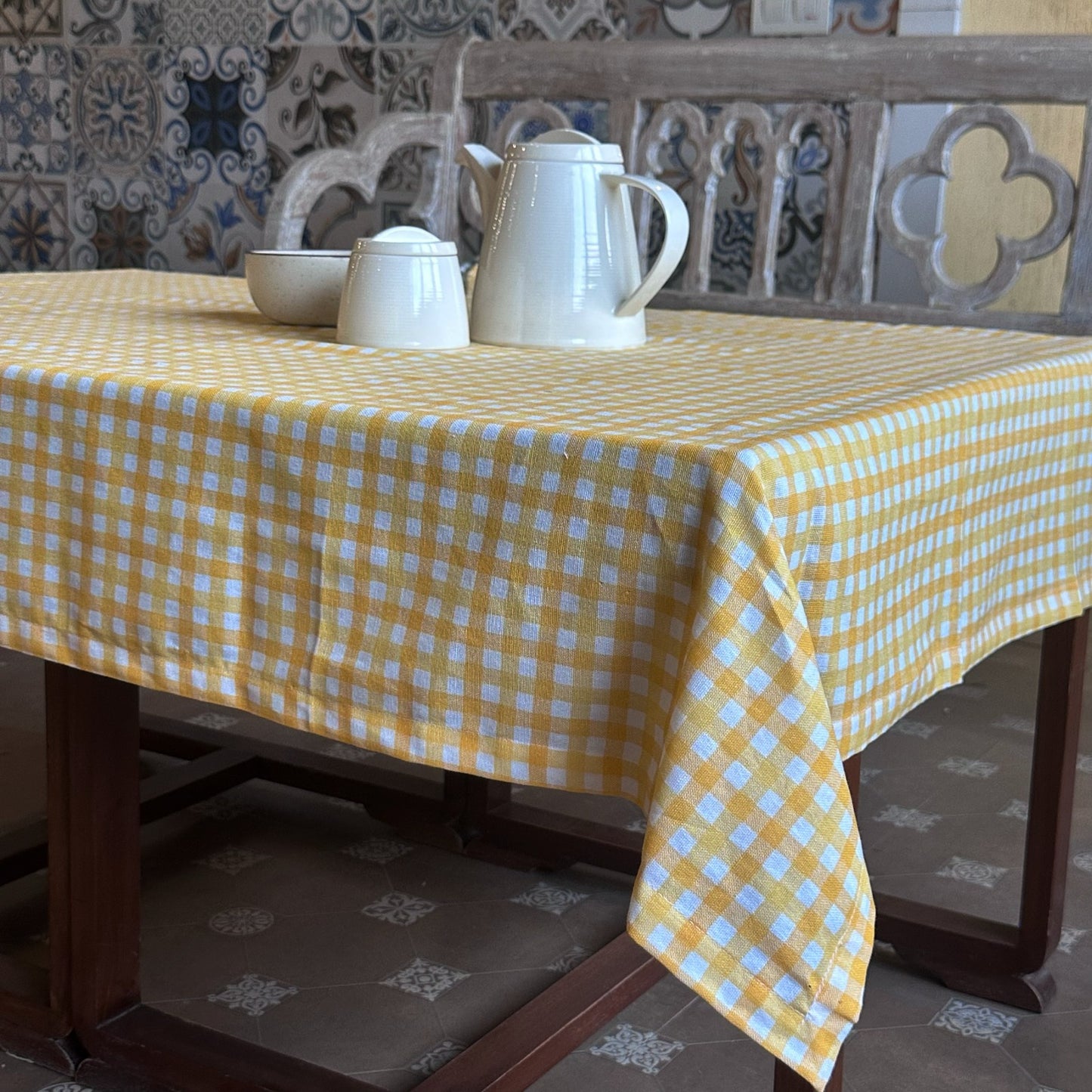 Oak & Lily Table Cloth – Yellow & White Check Print | 100% Cotton | Anti-Slip | Premium European Quality