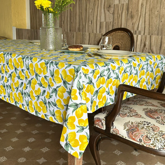 Oak & Lily Table Cloth – Zesty Yellow Lemon Print | 100% Cotton | Anti-Slip | Premium European Quality