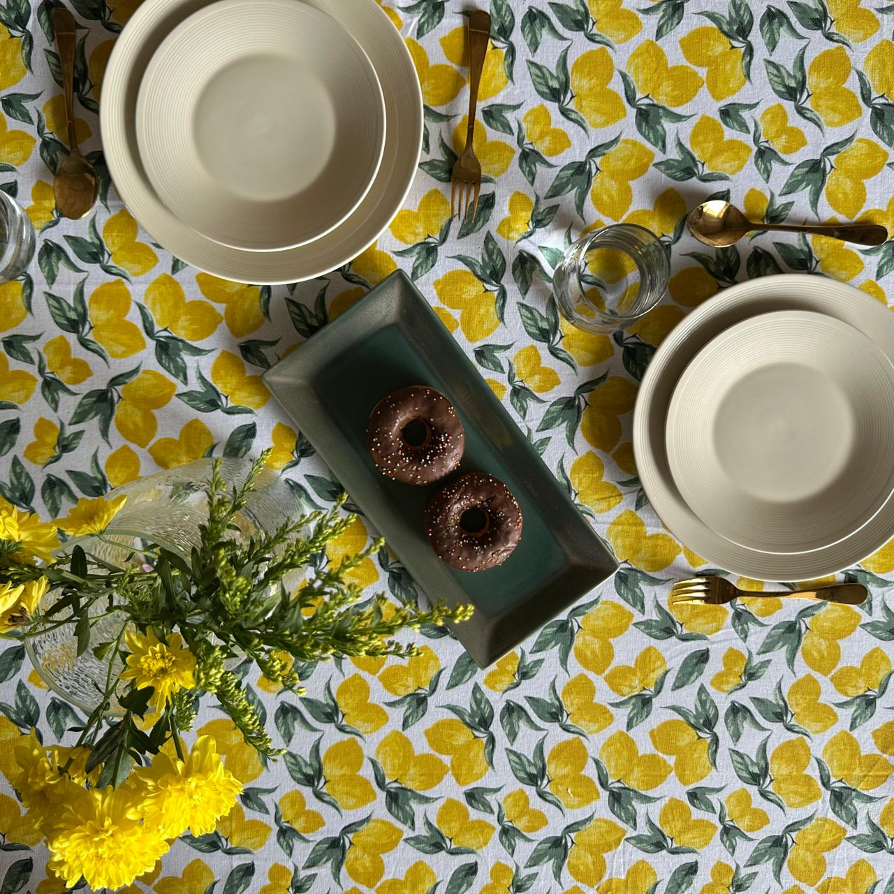 Oak & Lily Table Cloth – Zesty Yellow Lemon Print | 100% Cotton | Anti-Slip | Premium European Quality