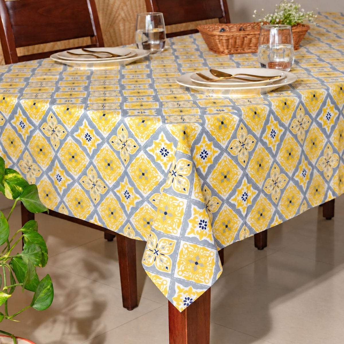 Oak & Lily Table Cloth – Yellow & Grey Ethnic Print | 100% Cotton | Anti-Slip | Premium European Quality | Dining Table Cover