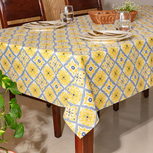 Oak & Lily Table Cloth – Yellow & Grey Ethnic Print | 100% Cotton | Anti-Slip | Premium European Quality | Dining Table Cover