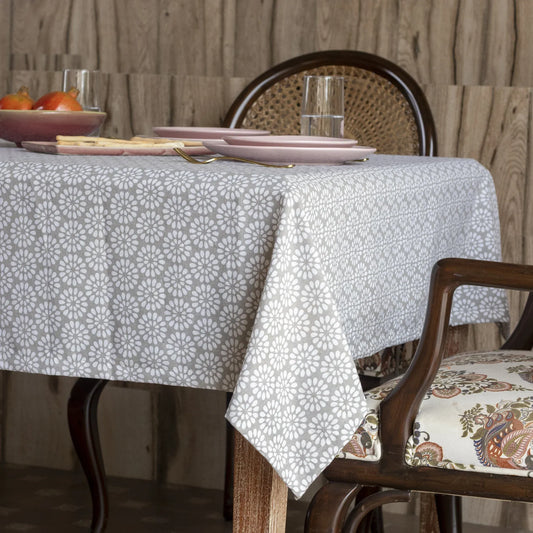 Oak & Lily Table Cloth – White & Grey Floral Geometric Print | 100% Cotton | Anti-Slip | Premium European Quality | 4-Seater Dining Table Cover