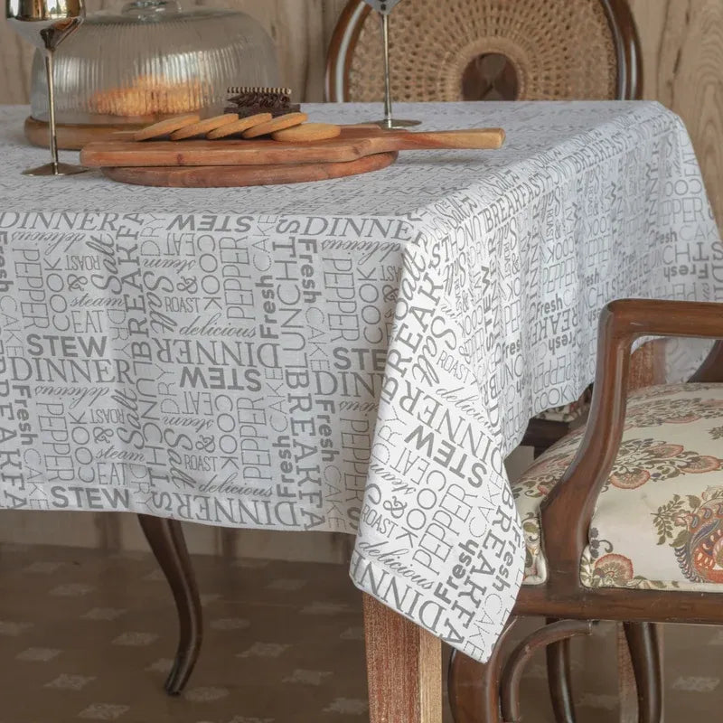Oak & Lily Table Cloth – White & Grey Letter Print | 100% Cotton | Anti-Slip | Premium European Quality | 4-Seater Dining Table Cover