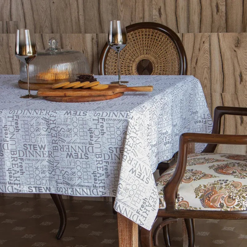 Oak & Lily Table Cloth – White & Grey Letter Print | 100% Cotton | Anti-Slip | Premium European Quality | 4-Seater Dining Table Cover