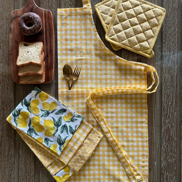 Yellow Check Print Kitchen Linen Set | Apron with Kitchen Napkins & Pot Holder