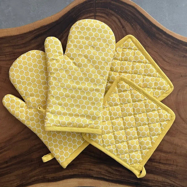 Yellow Honeycomb Print Kitchen Combo Set | Oven Mittens & Pot Holder