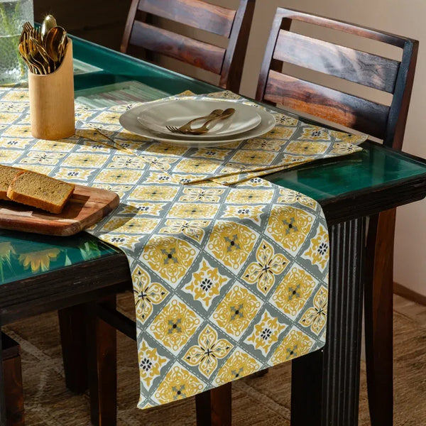 Yellow & Grey Ethnic Print Table Runner & Placemats Set