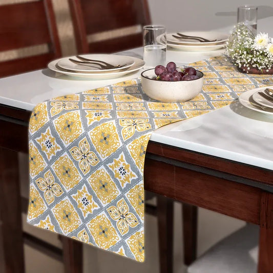 Oak & Lily Table Runner – Yellow & Grey Ethnic Print | 100% Cotton | Heat Resistant | Premium European Quality