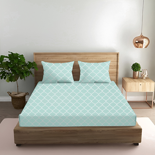Oak & Lily King Size Bedsheet – Blossom Leaves Sea Green, Pink, Lt Grey | 210 TC | 100% Cotton | Flat | 2 Pillow Covers | Soft, Breathable, European Quality