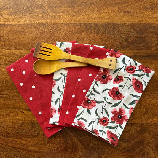 Oak & Lily Kitchen Towels – Red Poppy & Polka Print | Set of 6 | 100% Cotton | Anti-Bacterial | Premium European Quality