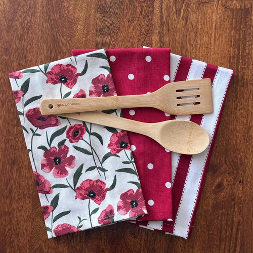 Oak & Lily Kitchen Towels – Red Poppy Flower, Red Polka Dot & Red Stripe | Set of 3 | 100% Cotton | European Quality | Super Absorbent & Anti-Bacterial