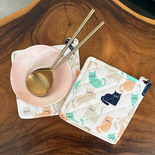 Oak & Lily Pot Holders – Multicolour Quirky Cat Print | Set of 2 | 100% Cotton | Heat Resistant | European Quality