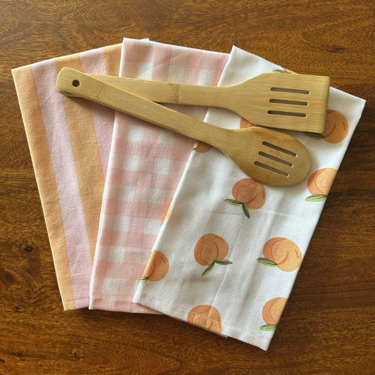 Oak & Lily Kitchen Towels – Peach, Pink Checks & Stripe Print | Set of 3 | 100% Cotton | Super Absorbent | Premium Quality