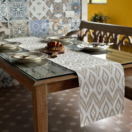 Oak & Lily Table Runner – Ivory & Beige Ikat Print | 100% Cotton | Premium European Quality