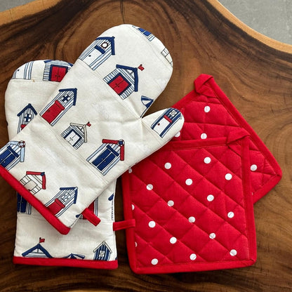 Oak & Lily Kitchen Combo – Red Dot Apron, Oven Mittens & Pot Holders | 100% Cotton | Heat Resistant | European Quality