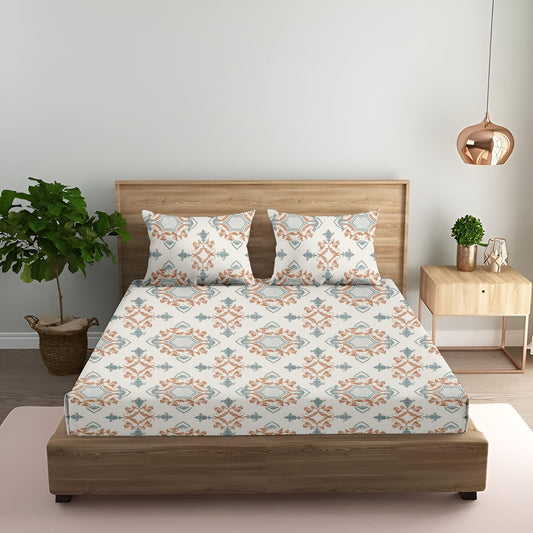 Oak & Lily King Size Bedsheet – Paradise Charm Orange & Blue | 210 TC | 100% Cotton | 2 Pillow Covers | Soft, Washable, Premium European Quality