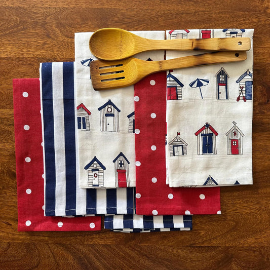 Oak & Lily Kitchen Towels – Red Polka, Beach Hut & Navy Stripes | Set of 6 | 100% Cotton | European Quality | Super Absorbent
