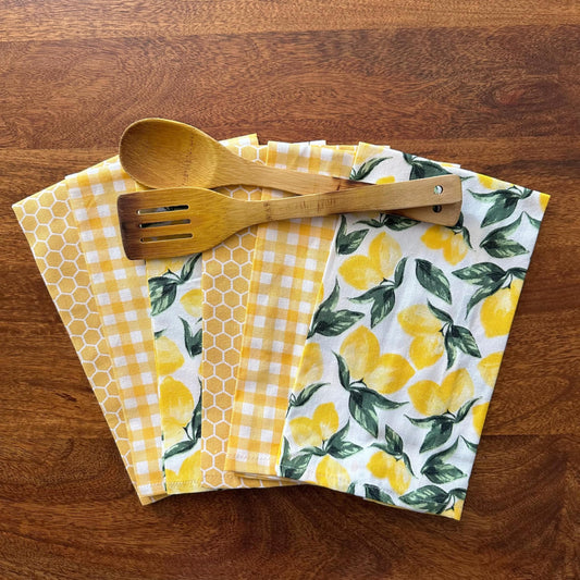 Oak & Lily Kitchen Towels – Yellow Honeycomb, Lemon & Checks | Set of 6 | 100% Cotton | Super Absorbent | Premium Quality