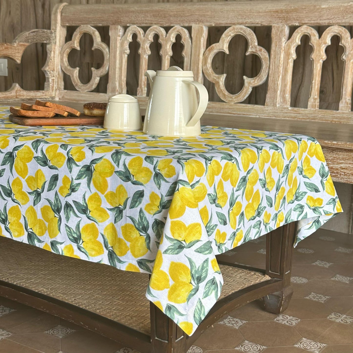 Oak & Lily Table Cloth – Zesty Yellow Lemon Print | 100% Cotton | Anti-Slip | Premium European Quality