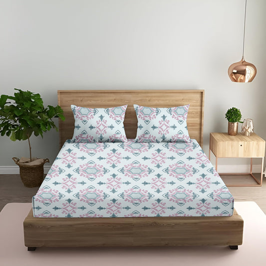 Oak & Lily King Size Bedsheet – Paradise Charm Blue & Pink | 210 TC | 100% Cotton | 2 Pillow Covers | Soft, Breathable, European Quality