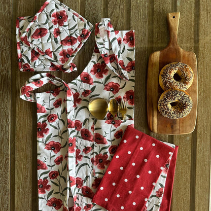 Oak & Lily Combo Set – Red Poppy Apron, Pot Holders & 3 Kitchen Napkins | 100% Cotton | Heat Resistant | European Quality