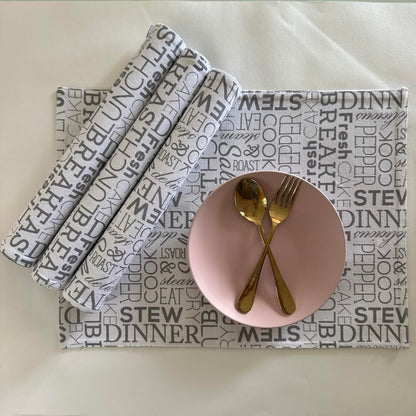 Oak & Lily Placemats – White & Grey Letter Print | 100% Cotton | Heat Resistant | Premium European Quality