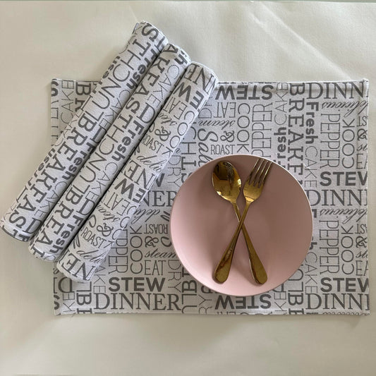 Oak & Lily Placemats – White & Grey Letter Print | 100% Cotton | Heat Resistant | Premium European Quality