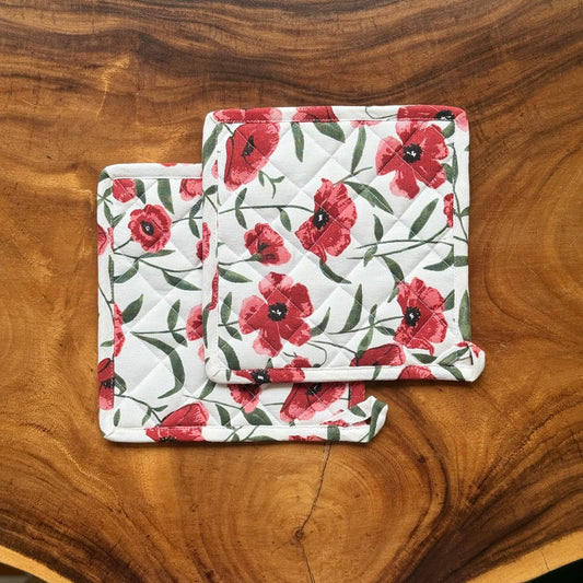 Oak & Lily Pot Holders – Red Poppy Flower | Set of 2 | 100% Cotton | Heat Resistant | European Quality