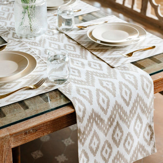 Oak & Lily Beige & Ivory Ikat Print 1 Table Runner & 6 Matching Placemats Set