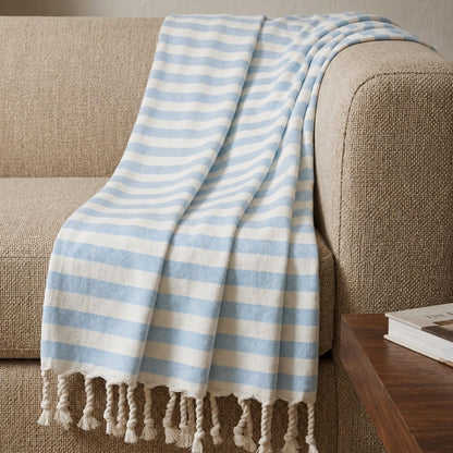 Oak & Lily 100% Cotton Sofa Throw Blanket (50x60 Inches) – Soft & Breathable Decorative Throw | Lightweight for Sofa, Bed & Travel | Blue Stripe