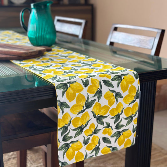 Oak & Lily Table Runner – Yellow & Green Lemon Print | 100% Cotton | Premium European Quality