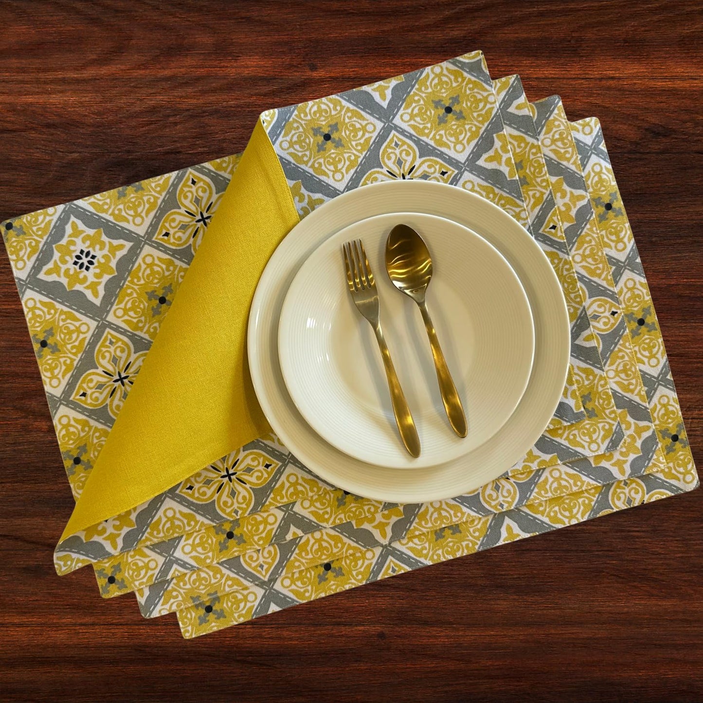 Oak & Lily Placemats – Yellow Grey Ethnic Print | 100% Cotton | Heat Resistant | Premium European Quality