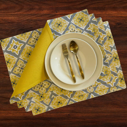 Oak & Lily Placemats – Yellow Grey Ethnic Print | 100% Cotton | Heat Resistant | Premium European Quality